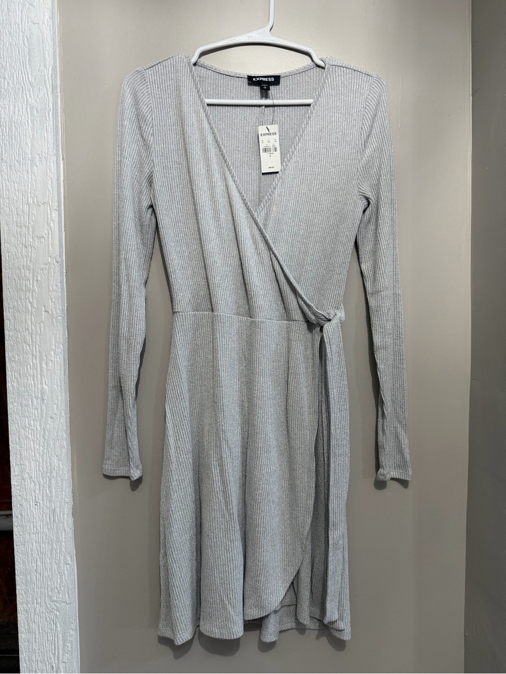 Express Light Gray Ribbed Wrap Dress with Self-Tie Waist